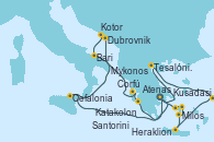 Visitando Atenas (Grecia), Tesalónica (Grecia), Kusadasi (Efeso/Turquía), Heraklion (Creta), Santorini (Grecia), Santorini (Grecia), Mykonos (Grecia), Mykonos (Grecia), Milos (Grecia), Atenas (Grecia), Cefalonia (Grecia), Dubrovnik (Croacia), Dubrovnik (Croacia), Kotor (Montenegro), Bari (Italia), Corfú (Grecia), Katakolon (Olimpia/Grecia), Atenas (Grecia)