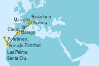 Visitando Barcelona, Marsella (Francia), Savona (Italia), Málaga, Cádiz (España), Arrecife (Lanzarote/España), Fuerteventura (Canarias/España), Las Palmas de Gran Canaria (España), Santa Cruz de Tenerife (España), Funchal (Madeira)