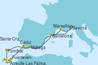 Visitando Savona (Italia), Málaga, Cádiz (España), Arrecife (Lanzarote/España), Fuerteventura (Canarias/España), Las Palmas de Gran Canaria (España), Santa Cruz de Tenerife (España), Funchal (Madeira), Barcelona, Marsella (Francia), Savona (Italia)