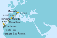 Visitando Arrecife (Lanzarote/España), Fuerteventura (Canarias/España), Las Palmas de Gran Canaria (España), Santa Cruz de Tenerife (España), Funchal (Madeira), Barcelona, Marsella (Francia), Savona (Italia), Málaga, Casablanca (Marruecos), Arrecife (Lanzarote/España)