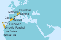 Visitando Arrecife (Lanzarote/España), Las Palmas de Gran Canaria (España), Fuerteventura (Canarias/España), Santa Cruz de Tenerife (España), Funchal (Madeira), Barcelona, Marsella (Francia), Savona (Italia), Málaga, Cádiz (España), Arrecife (Lanzarote/España)