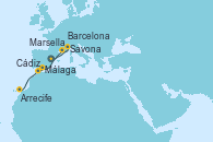 Visitando Barcelona, Marsella (Francia), Savona (Italia), Málaga, Cádiz (España), Arrecife (Lanzarote/España)
