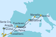 Visitando Funchal (Madeira), Barcelona, Marsella (Francia), Savona (Italia), Málaga, Casablanca (Marruecos), Arrecife (Lanzarote/España), Las Palmas de Gran Canaria (España), Fuerteventura (Canarias/España), Santa Cruz de Tenerife (España), Funchal (Madeira)