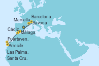 Visitando Barcelona, Marsella (Francia), Savona (Italia), Málaga, Cádiz (España), Arrecife (Lanzarote/España), Fuerteventura (Canarias/España), Las Palmas de Gran Canaria (España), Santa Cruz de Tenerife (España)