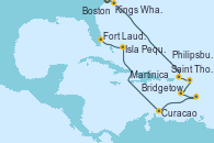 Visitando Boston (Massachusetts), Kings Wharf (Bermudas), Saint Thomas (Islas Vírgenes), Philipsburg (St. Maarten), Martinica (Antillas), Bridgetown (Barbados), Curacao (Antillas), Isla Pequeña (San Salvador/Bahamas), Fort Lauderdale (Florida/EEUU)