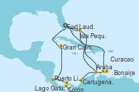 Visitando Fort Lauderdale (Florida/EEUU), Curacao (Antillas), Bonaire (Países Bajos), Aruba (Antillas), Isla Pequeña (San Salvador/Bahamas), Fort Lauderdale (Florida/EEUU), Isla Pequeña (San Salvador/Bahamas), Aruba (Antillas), Cartagena de Indias (Colombia), Lago Gatun (Panamá), Colón (Panamá), Puerto Limón (Costa Rica), Gran Caimán (Islas Caimán), Fort Lauderdale (Florida/EEUU)