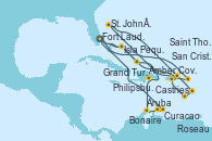 Visitando Fort Lauderdale (Florida/EEUU), Isla Pequeña (San Salvador/Bahamas), Grand Turks(Turks & Caicos), Amber Cove (República Dominicana), Aruba (Antillas), Curacao (Antillas), Bonaire (Países Bajos), Fort Lauderdale (Florida/EEUU), Philipsburg (St. Maarten), St. John´s (Antigua y Barbuda), Castries (Santa Lucía/Caribe), Roseau (Dominica), San Cristóbal y Nieves, Saint Thomas (Islas Vírgenes), Isla Pequeña (San Salvador/Bahamas), Fort Lauderdale (Florida/EEUU)