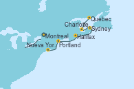 Visitando Montreal (Canadá), Quebec (Canadá), Charlottetown (Canadá), Sydney (Nueva Escocia/Canadá), Halifax (Canadá), Portland (Maine/Estados Unidos), Nueva York (Estados Unidos)