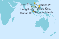 Visitando Singapur, Laem Chabang (Bangkok/Thailandia), Laem Chabang (Bangkok/Thailandia), Ciudad Ho Chi Minh (Vietnam), Kota Kinabalu (Borneo/Malasia), Puerto Princesa Palawan (Filipinas), Manila (Filipinas), Manila (Filipinas), Hong Kong (China)