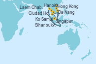 Visitando Hong Kong (China), Hanoi (Vietnam), Da Nang (Vietnam), Ciudad Ho Chi Minh (Vietnam), Sihanoukville (Camboya), Laem Chabang (Bangkok/Thailandia), Laem Chabang (Bangkok/Thailandia), Ko Samui (Tailandia), Singapur