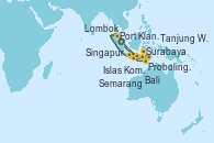Visitando Singapur, Port Klang (Malasia), Surabaya (Indonesia), Probolinggo (Java/Indonesia), Bali (Indonesia), Bali (Indonesia), Islas Komodo (Indonesia), Lombok (Indonesia), Semarang (Java/Indonesia), Tanjung Wangi (Indonesia), Singapur