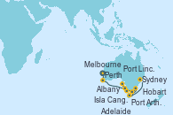 Visitando Perth (Australia), Perth (Australia), Albany (Australia), Isla Canguro (Australia), Adelaide (Australia), Port Lincoln (Australia), Melbourne (Australia), Hobart (Australia), Hobart (Australia), Port Arthur (Tasmania/Australia), Sydney (Australia)
