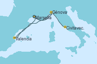 Visitando Marsella (Francia), Génova (Italia), Valencia, Marsella (Francia), Génova (Italia), Civitavecchia (Roma)