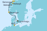 Visitando Copenhague (Dinamarca), Hellesylt (Noruega), Geiranger (Noruega), Aalesund (Noruega), Stavanger (Noruega), Kiel (Alemania), Copenhague (Dinamarca)