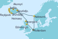 Visitando Rotterdam (Holanda), Aalesund (Noruega), Akureyri (Islandia), Ísafjörður (Islandia), Grundafjord (Islandia), Reykjavik (Islandia), Heimaey (Islas Westmann/Islandia), Seydisfjordur (Islandia), Invergordon (Escocia), Edimburgo (Escocia), Rotterdam (Holanda)