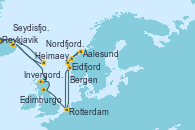 Visitando Reykjavik (Islandia), Heimaey (Islas Westmann/Islandia), Seydisfjordur (Islandia), Invergordon (Escocia), Edimburgo (Escocia), Rotterdam (Holanda), Eidfjord (Hardangerfjord/Noruega), Aalesund (Noruega), Nordfjordeid, Bergen (Noruega), Rotterdam (Holanda)