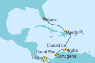 Visitando Miami (Florida/EEUU), Puerto Plata, Republica Dominicana, Aruba (Antillas), Cartagena de Indias (Colombia), Colón (Panamá), Canal Panamá, Ciudad de Panamá (Panamá)