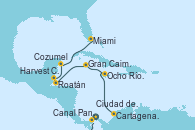 Visitando Ciudad de Panamá (Panamá), Canal Panamá, Cartagena de Indias (Colombia), Ocho Ríos (Jamaica), Gran Caimán (Islas Caimán), Roatán (Honduras), Harvest Caye (Belize), Cozumel (México), Miami (Florida/EEUU)