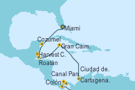 Visitando Miami (Florida/EEUU), Cozumel (México), Harvest Caye (Belize), Roatán (Honduras), Gran Caimán (Islas Caimán), Cartagena de Indias (Colombia), Colón (Panamá), Canal Panamá, Ciudad de Panamá (Panamá)