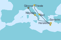 Visitando Génova (Italia), Nápoles (Italia), Heraklion (Creta), Santorini (Grecia), Bari (Italia), Trieste (Italia)