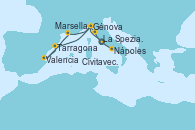 Visitando Civitavecchia (Roma), Génova (Italia), Marsella (Francia), Valencia, Tarragona (España), Génova (Italia), La Spezia, Florencia y Pisa (Italia), Nápoles (Italia)