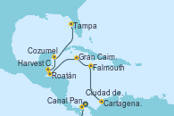 Visitando Ciudad de Panamá (Panamá), Canal Panamá, Cartagena de Indias (Colombia), Falmouth (Jamaica), Gran Caimán (Islas Caimán), Roatán (Honduras), Harvest Caye (Belize), Cozumel (México), Tampa (Florida)