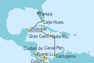 Visitando Tampa (Florida), Cayo Hueso (Key West/Florida), Cozumel (México), Gran Caimán (Islas Caimán), Ocho Ríos (Jamaica), Cartagena de Indias (Colombia), Colón (Panamá), Puerto Limón (Costa Rica), Canal Panamá, Ciudad de Panamá (Panamá)
