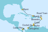 Visitando Ciudad de Panamá (Panamá), Canal Panamá, Cartagena de Indias (Colombia), Aruba (Antillas), Colón, Basseterre (Antillas), Road Town (Isla Tórtola/Islas Vírgenes), Puerto Plata, Republica Dominicana, Miami (Florida/EEUU)