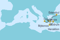 Visitando Atenas (Grecia), Estambul (Turquía), Mykonos (Grecia), Heraklion (Creta), Bodrum (Turquia), Cos (Grecia), Atenas (Grecia)