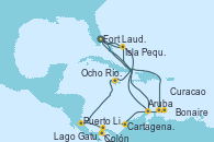 Visitando Fort Lauderdale (Florida/EEUU), Curacao (Antillas), Bonaire (Países Bajos), Aruba (Antillas), Isla Pequeña (San Salvador/Bahamas), Fort Lauderdale (Florida/EEUU), Isla Pequeña (San Salvador/Bahamas), Aruba (Antillas), Cartagena de Indias (Colombia), Lago Gatun (Panamá), Colón (Panamá), Puerto Limón (Costa Rica), Ocho Ríos (Jamaica), Fort Lauderdale (Florida/EEUU)