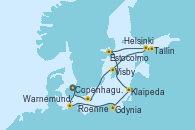 Visitando Copenhague (Dinamarca), Warnemunde (Alemania), Gdynia (Polonia), Klaipeda (Lituania), Estocolmo (Suecia), Tallin (Estonia), Helsinki (Finlandia), Visby (Suecia), Roenne (Dinamarca), Copenhague (Dinamarca)