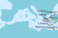 Visitando Atenas (Grecia), Alejandría (Egipto), Limassol (Chipre), Antalya (Turquía), Cos (Grecia), Esmirna (Turquía), Estambul (Turquía), Estambul (Turquía), Mykonos (Grecia), Atenas (Grecia)