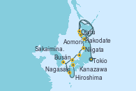 Visitando Tokio (Japón), Hakodate (Japón), Otaru (Japón), Aomori (Japón), Niigata (Japón), Toyama (Japón), Kanazawa (Japón), Sakaiminato (Japón), Busán (Corea del Sur), Nagasaki (Japón), Moji/ Kitakyushu (Japón), Hiroshima (Japón), Takamatsu (Japón), Kobe (Japón), Kobe (Japón)