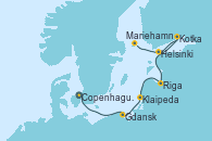 Visitando Copenhague (Dinamarca), Gdansk (Polonia), Gdansk (Polonia), Klaipeda (Lituania), Riga (Letonia), Tallin (Estonia), Kotka (Finlandia), Helsinki (Finlandia), Mariehamn (Finlandia), Estocolmo (Suecia), Estocolmo (Suecia)