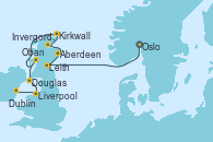 Visitando Oslo (Noruega), Leith (Edinburgo/Escocia), Leith (Edinburgo/Escocia), Aberdeen (Escocia), Invergordon (Escocia), Kirkwall (Escocia), Stornoway (Isla de Lewis/Escocia), Oban (Escocia), Douglas (Reino Unido), Liverpool (Reino Unido), Dublin (Irlanda)