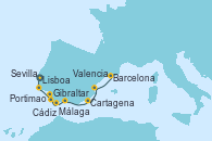 Visitando Lisboa (Portugal), Portimao (Portugal), Cádiz (España), Sevilla (España), Sevilla (España), Sevilla (España), Gibraltar (Inglaterra), Málaga, Cartagena (Murcia), Valencia, Barcelona