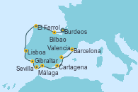 Visitando Burdeos (Francia), Burdeos (Francia), Bilbao (España), El Ferrol (Galicia/España), Lisboa (Portugal), Sevilla (España), Sevilla (España), Sevilla (España), Gibraltar (Inglaterra), Málaga, Cartagena (Murcia), Valencia, Barcelona