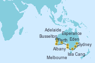 Visitando Perth (Australia), Busselton (Australia), Albany (Australia), Esperance (Australia), Adelaide (Australia), Adelaide (Australia), Isla Canguro (Australia), Eden (Nueva Gales), Sydney (Australia), Sydney (Australia), Sydney (Australia), Melbourne (Australia)
