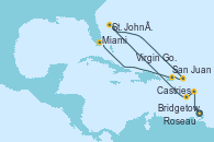 Visitando Bridgetown (Barbados), Castries (Santa Lucía/Caribe), Roseau (Dominica), St. John´s (Antigua y Barbuda), Philipsburg (St. Maarten), Virgin Gorda (Islas Virgenes), San Juan (Puerto Rico), Miami (Florida/EEUU)