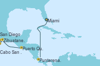 Visitando Miami (Florida/EEUU), Cartagena de Indias (Colombia), Cartagena de Indias (Colombia), Puntarenas (Costa Rica), Puerto Quetzal (Guatemala), Zihuatanejo (México), Cabo San Lucas (México), San Diego (California/EEUU), San Diego (California/EEUU)