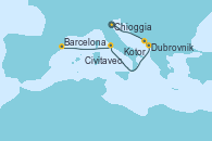 Visitando Chioggia (Venecia/Italia), Koper (Eslovenia), Zadar (Croacia), Dubrovnik (Croacia), Kotor (Montenegro), Sorrento (Nápoles/Italia), Civitavecchia (Roma), Montecarlo (Mónaco), Barcelona
