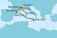 Visitando Barcelona, Puerto Vendres (Francia), Sete (Francia), Marsella (Francia), Saint Tropez (Francia), Ajaccio (Córcega), Cannes (Francia), Niza (Francia), Niza (Francia)