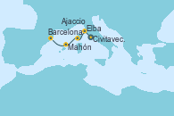 Visitando Civitavecchia (Roma), Elba (Portoferraio/Italia), Puerto Vecchio (Córcega), Olbia (Cerdeña), Ajaccio (Córcega), Mahón (Menorca/España), Palma de Mallorca (España), Barcelona, Barcelona