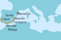 Visitando Barcelona, Valencia, Cartagena (Murcia), Málaga, Gibraltar (Inglaterra), Sevilla (España), Sevilla (España), Sevilla (España), Lisboa (Portugal), Lisboa (Portugal)
