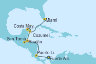 Visitando Fuerte Amador (Panamá), Puerto Limón (Costa Rica), Roatán (Honduras), San Tomás de Castilla (Guatemala), Costa Maya (México), Cozumel (México), Miami (Florida/EEUU)