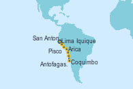 Visitando Lima (Callao/Perú), Lima (Callao/Perú), Pisco (Perú), Arica (Chile), Iquique (Chile), Antofagasta (Chile), Coquimbo (Chile), San Antonio (Chile), San Antonio (Chile)