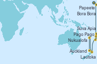 Visitando Papeete (Tahití), Bora Bora (Polinesia), Pago Pago (Samoa), Apia (Samoa), Nukualofa (Tongatapu), Lautoka (Fiyi), Suva (Fiyi), Bay of Islands (Nueva Zelanda), Auckland (Nueva Zelanda)