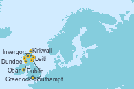 Visitando Southampton (Inglaterra), Leith (Edinburgo/Escocia), Leith (Edinburgo/Escocia), Dundee (Escocia), Invergordon (Escocia), Kirkwall (Escocia), Stornoway (Isla de Lewis/Escocia), Oban (Escocia), Greenock (Escocia), Greenock (Escocia), Dublin (Irlanda)