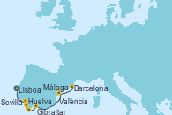 Visitando Lisboa (Portugal), Huelva (España), Sevilla (España), Sevilla (España), Sevilla (España), Gibraltar (Inglaterra), Málaga, Valencia, Valencia, Palma de Mallorca (España), Barcelona, Barcelona