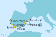 Visitando Lisboa (Portugal), Sevilla (España), Sevilla (España), Sevilla (España), Gibraltar (Inglaterra), Málaga, Cartagena (Murcia), Valencia, Palma de Mallorca (España), Barcelona